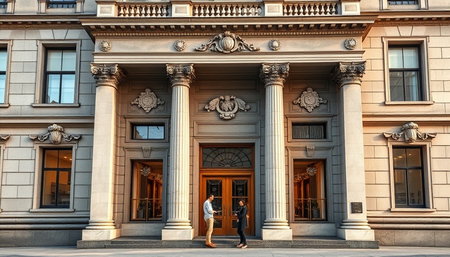 Elegant building with two individuals discussing climate assessment review.