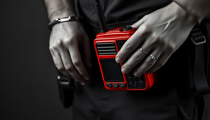 Red-highlighted police radio and handcuffs on a belt, cracked encryption focus.