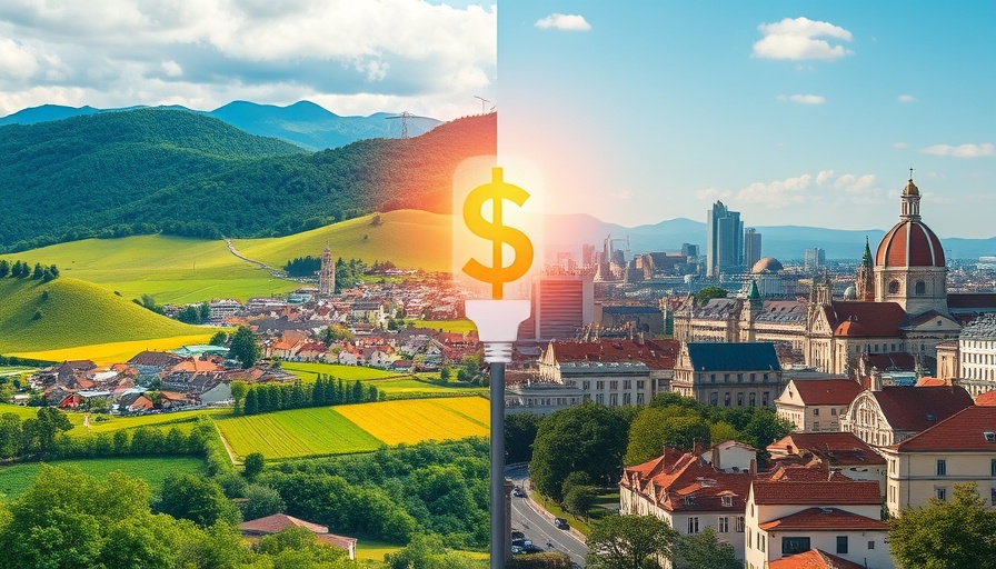 Symbolic split image showing AI impact on energy demand with rural and urban landscapes.