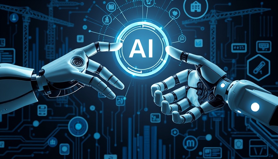 AI technology in construction represented by human and robotic hands exchanging AI sphere.