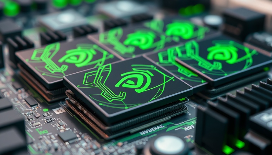 Close-up of Nvidia AI chips with green graphics in a high-tech lab.