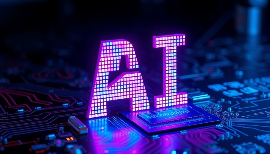 Investing in AI Stocks represented by colorful pixelated AI letters on a microchip with a futuristic background.