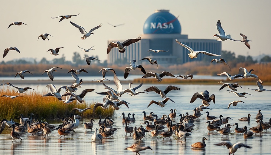 Birds flying near NASA building with rocket launch site backdrop.