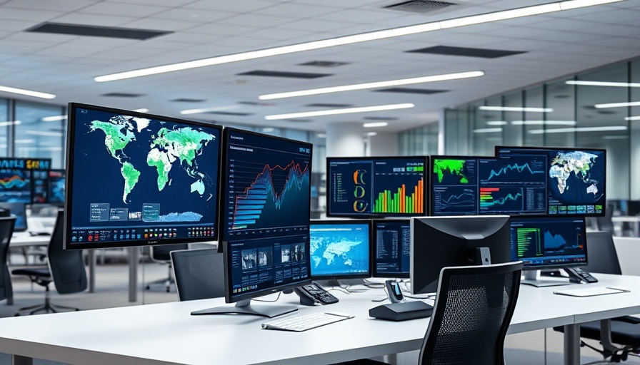 AI technology in public sector data visualization, office with monitors.