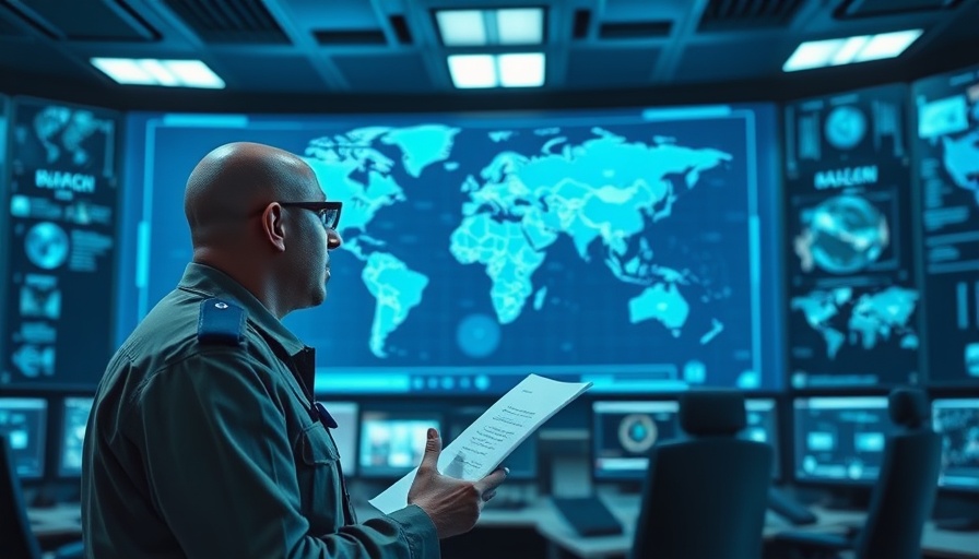 Military officer briefing team in a high-tech control room, discussing strategy.