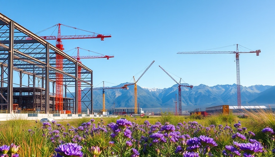 AI building boom bust: construction site with cranes in mountainous landscape
