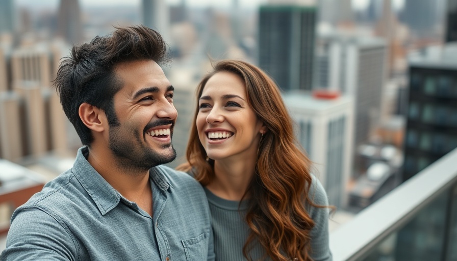 Smiling couple enjoying city rooftop, symbolizing relationship harmony.