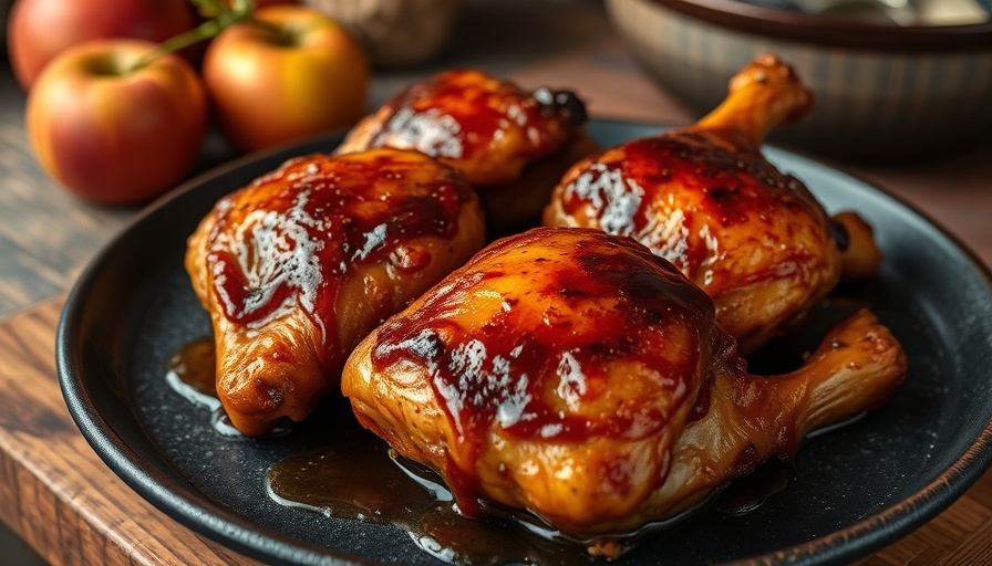 Apple cider-glazed chicken thighs on dark plate in warm setting.