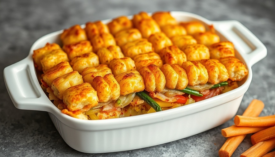 Freshly baked tater tot casserole in a white dish with colorful layers.