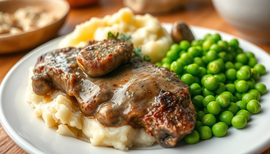 Mushroom Salisbury steak recipe with mashed potatoes and peas on a plate.