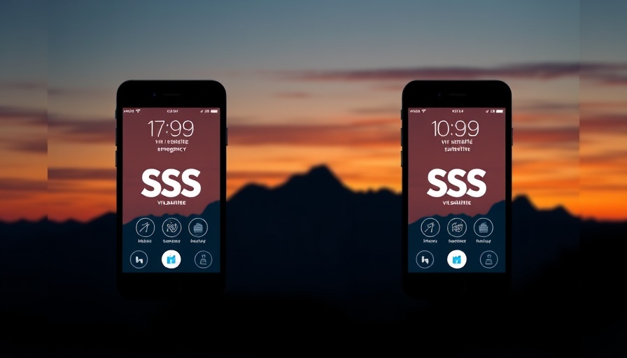 Emergency SOS via satellite feature on smartphones, mountain backdrop.