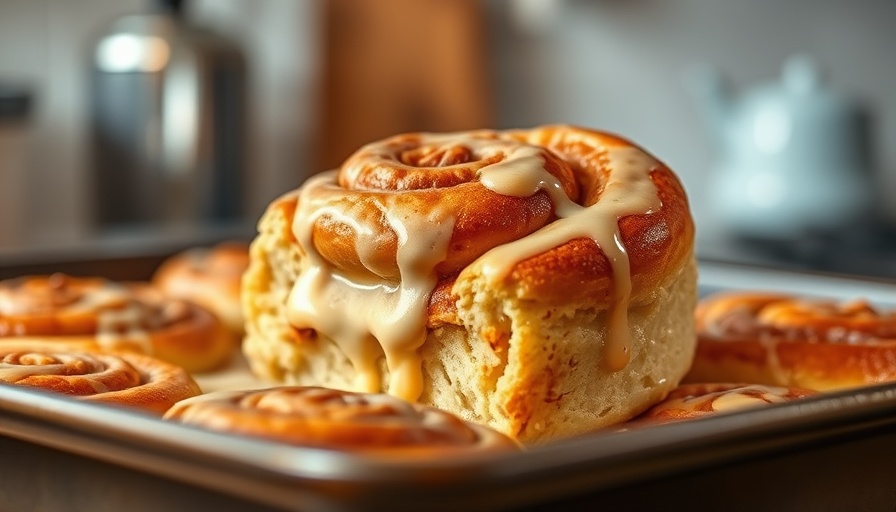 Delicious chai latte cinnamon roll being lifted, rich glaze visible.