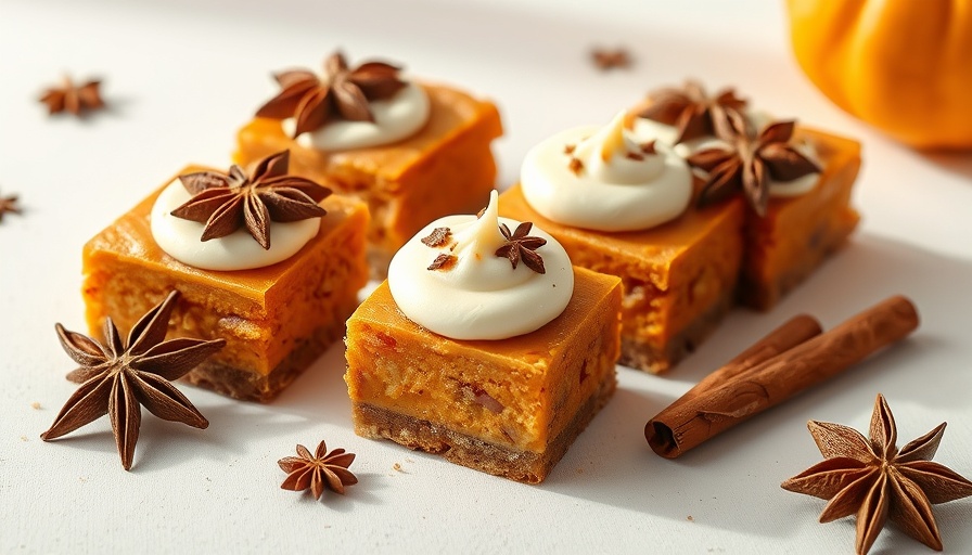Pumpkin spice dessert squares with cream and spices.