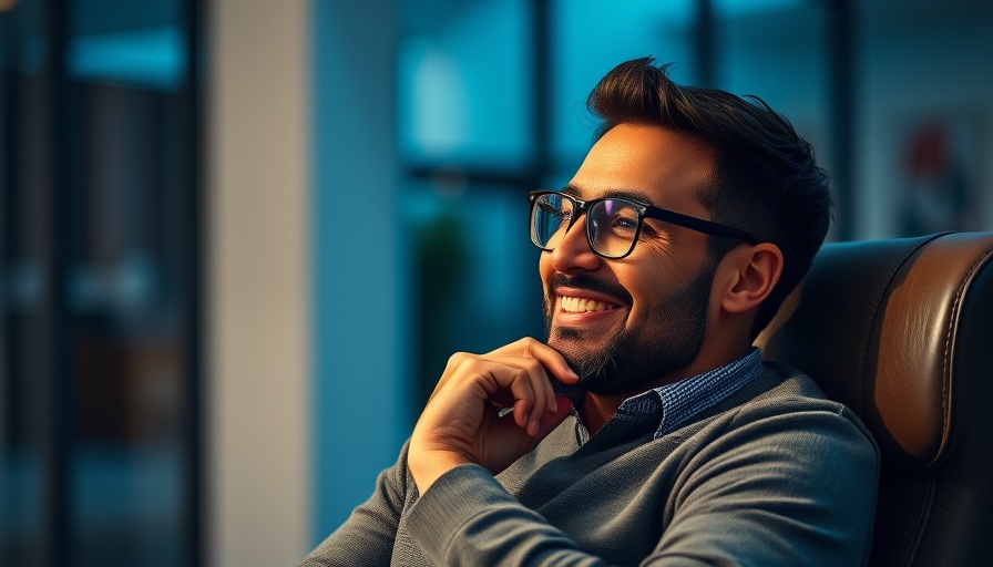 Smiling man sitting in chair with thoughtful expression.