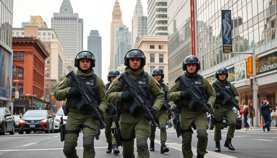 National Guard patrol in San Francisco cityscape, photorealistic.