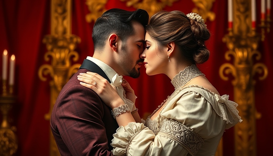 Elegant couple in 19th-century attire kissing, Bridgerton and marriage advice.