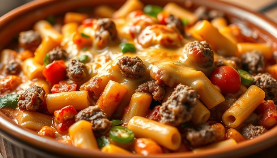 Delicious hamburger casserole with melted cheese and veggies.