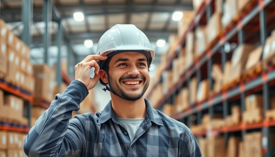 Warehouse worker adjusting helmet, showcasing best inventory tracking programs in background.