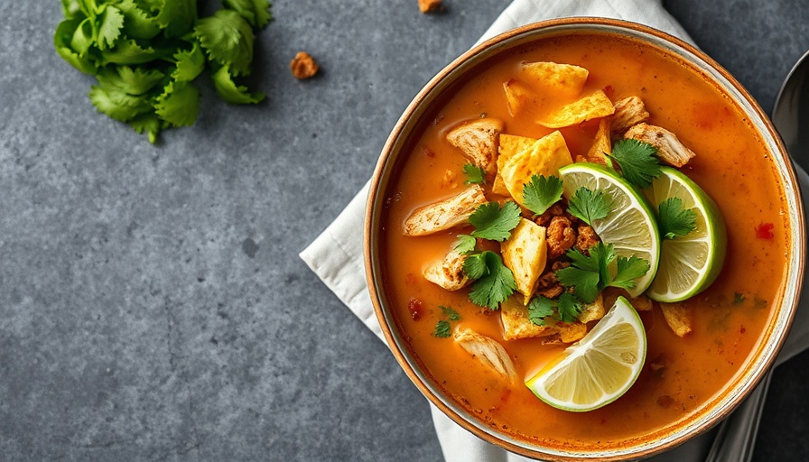 Delicious Chicken Tortilla Soup in a white bowl with toppings.
