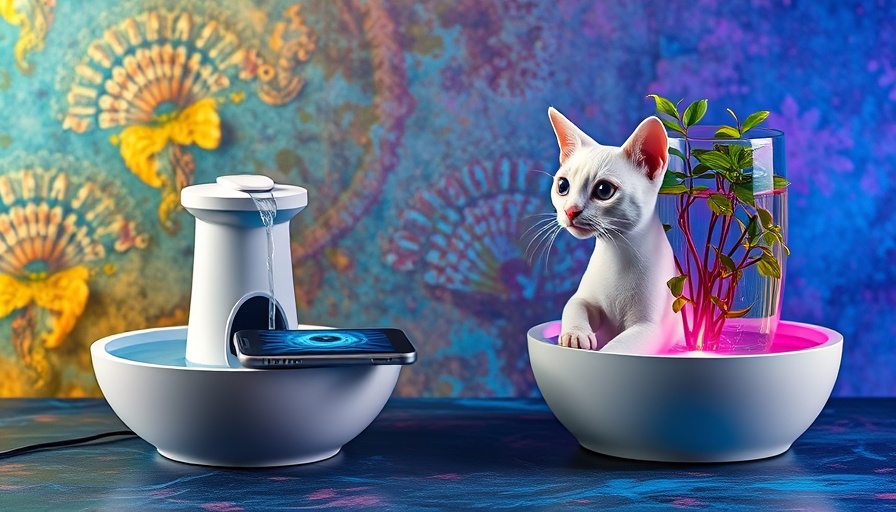 Modern cat water fountains against colorful backdrop.