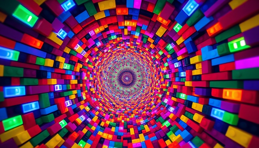 Kaleidoscopic vortex of colorful Lego bricks illustrating evolution.