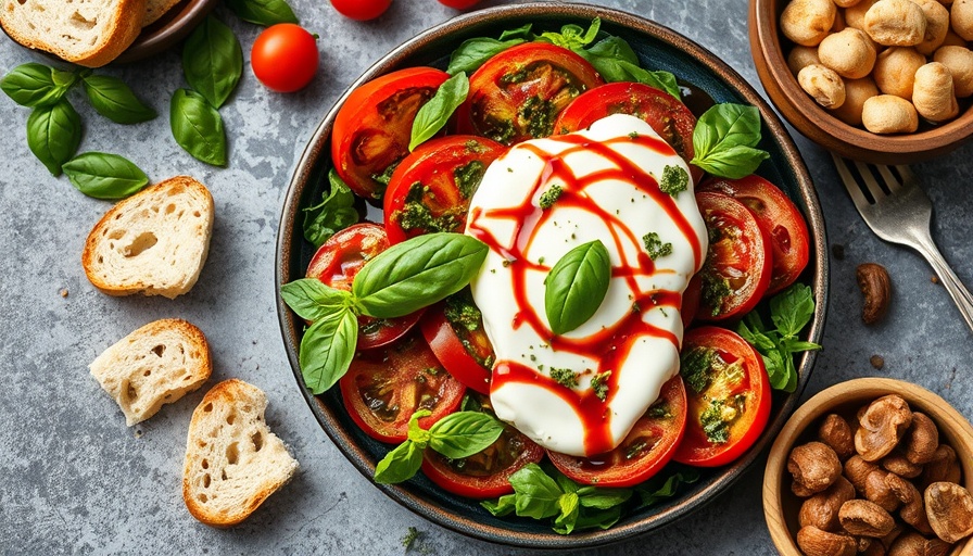 Tomato Burrata Salad with pesto and basil on a white plate.