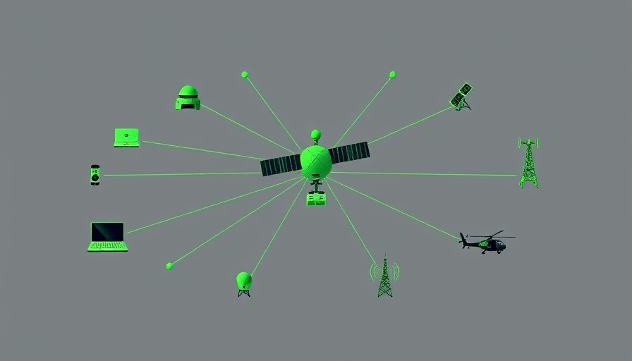 Illustration of satellite communications network in digital abstract style.