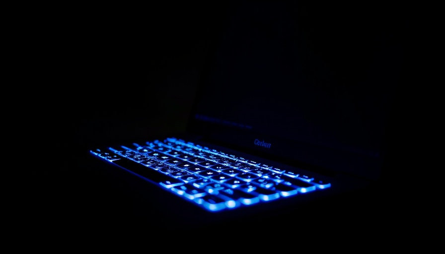Illuminated laptop keyboard in blue tones for Apple FS-DFM language model.