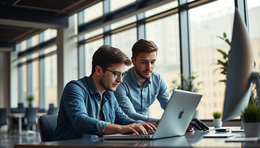 Professional males using employee retention techniques in modern office.
