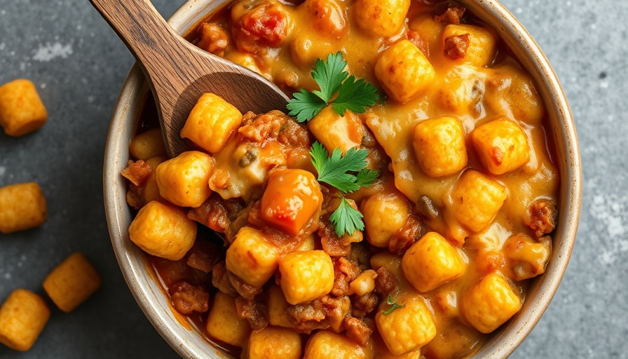 Golden Sloppy Joe Tater Tot Casserole with cheese in ceramic dish.