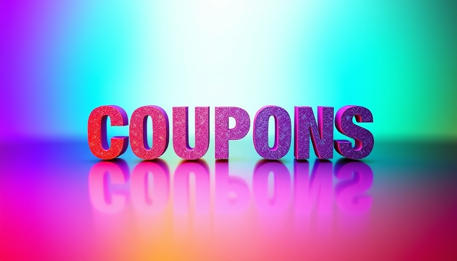 Colorful gradient typography with bold 'COUPONS' text.