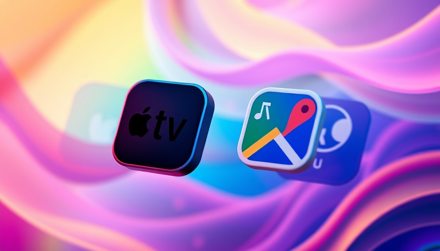 Apple smart home hub concept with app icons in colorful illustration.