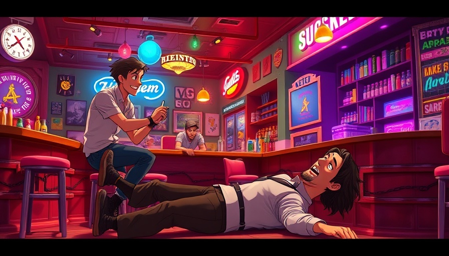 People interacting energetically in a lively retro bar scene.