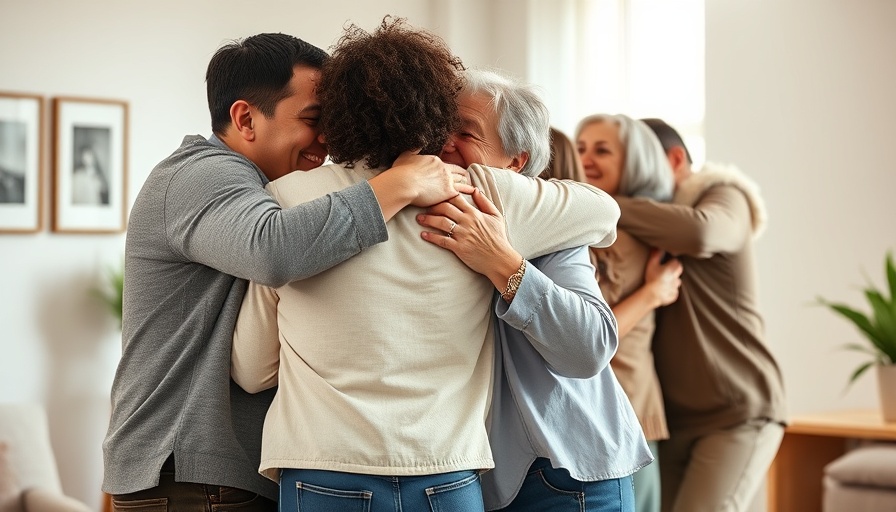 Group joyfully reunites indoors, bright room setting