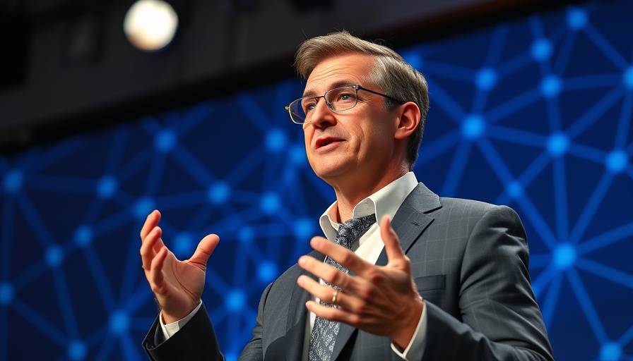 Middle-aged man in suit giving speech against blue network backdrop emphasizing motivation.