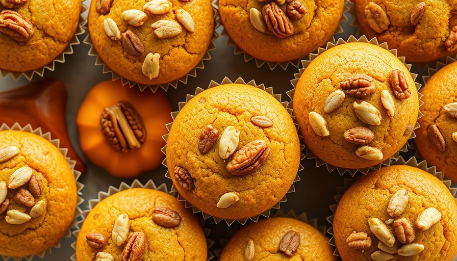 Pumpkin Morning Glory Muffins topped with nuts and seeds.