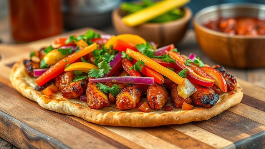 BBQ chicken flatbread recipe with colorful toppings on wooden board.
