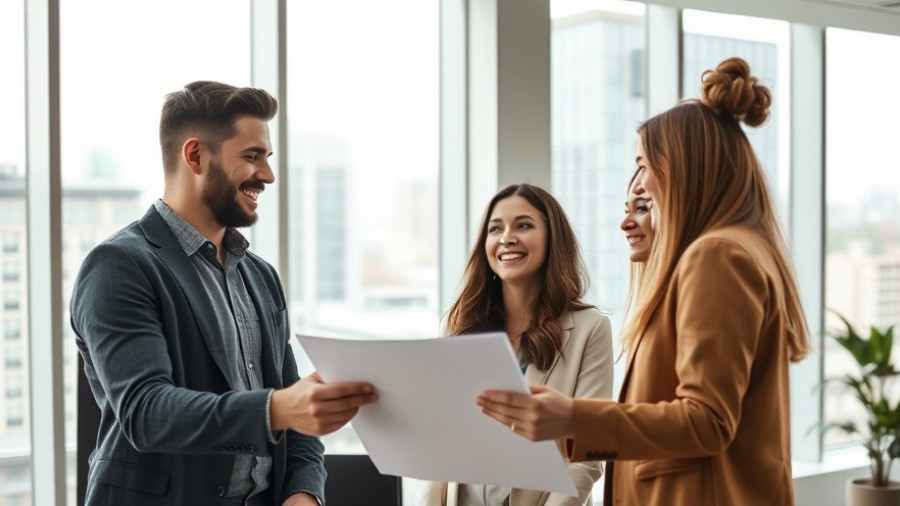 Professionals discussing employee training materials for onboarding in office.