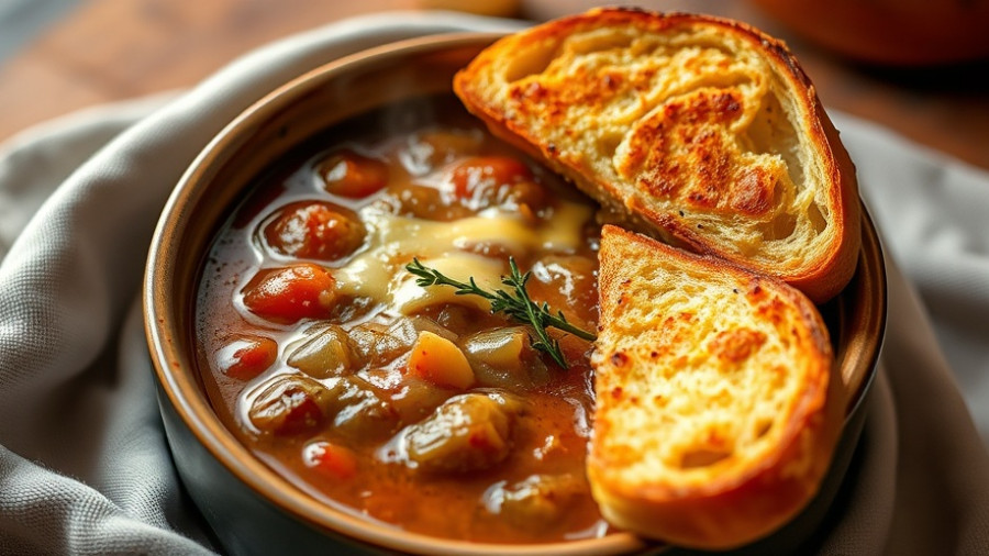 French onion soup with cheese-topped toast in a bowl.