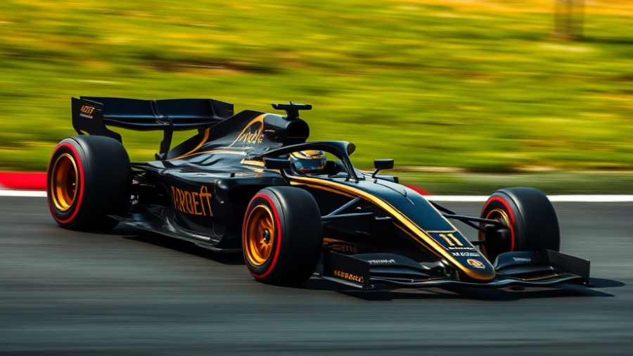 Fast-moving F1 car in black and gold on race track.