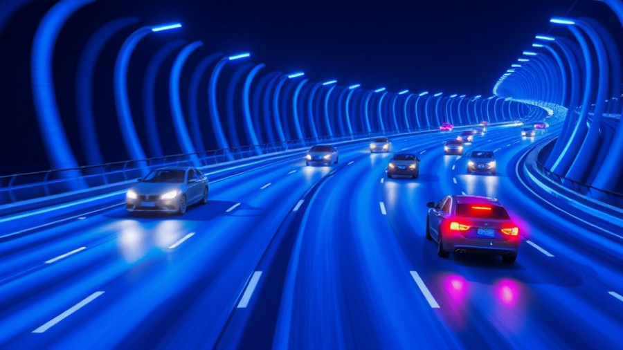 Futuristic highway scene with animated cars in blue tones
