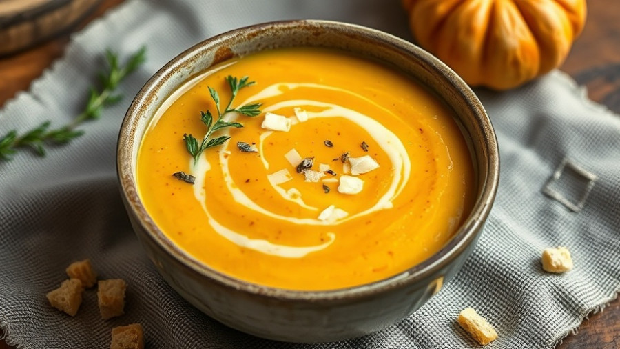 Exciting fall recipes: creamy pumpkin soup with parmesan and herbs.