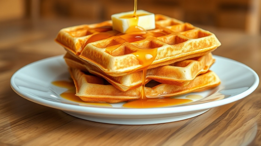 Golden brown waffles with syrup and butter on a plate.