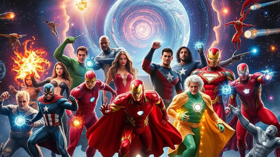 Superheroes gather with cosmic background, Foggy Nelson Returns Daredevil MCU.