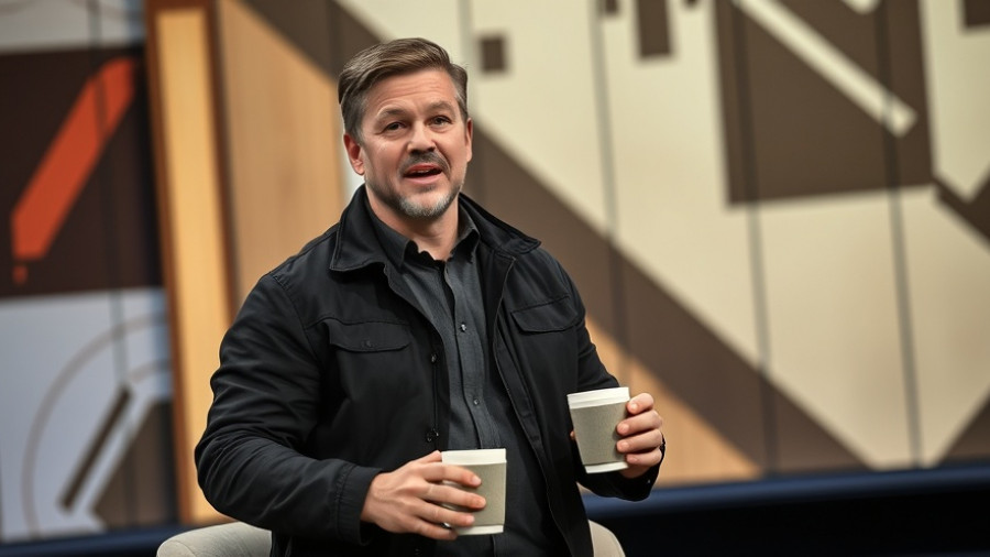Man discussing on talk show set, hand gesturing confidently.