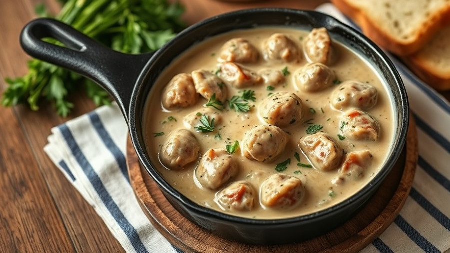 Easy sausage gravy recipe in a skillet with fresh herbs.