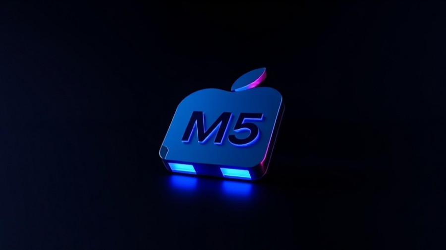 Futuristic Apple M5 chip logo on abstract gradient background.