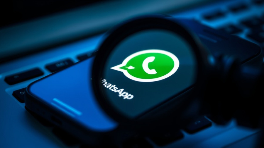 Magnified WhatsApp icon on phone over keyboard, WhatsApp NSO Group injunction.