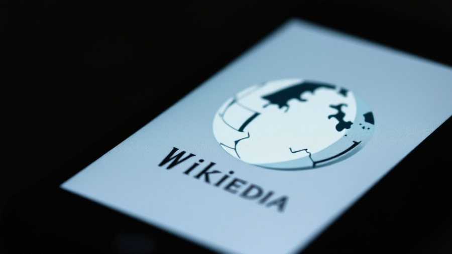 Wikipedia logo on smartphone, illustrating traffic decline.