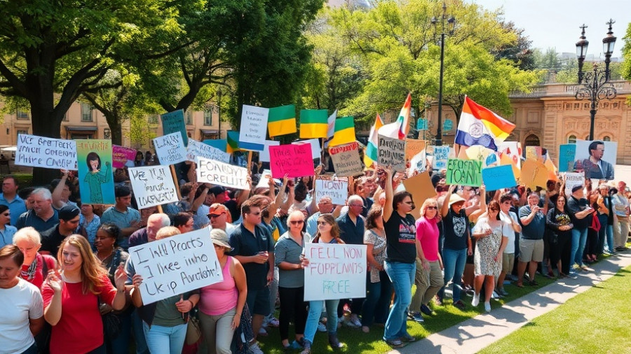 Large protest crowd with signs at No Kings protest against Trump administration.